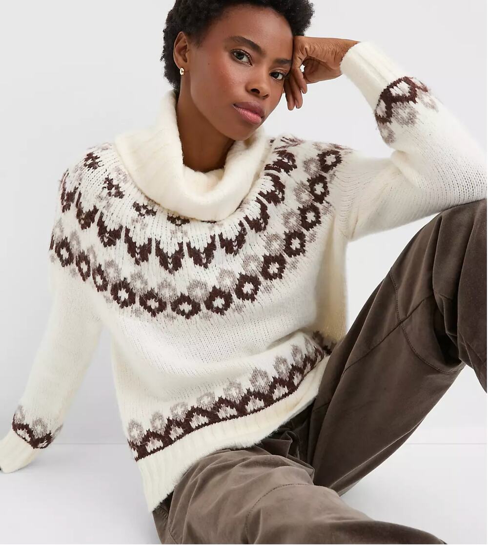 LOFT Fair Isle Cowl Neck Sweater M NWT Cream White Brown